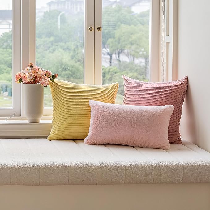 Home Brilliant Throw Pillow Covers Pink Couch Pillow Covers 18x18 Decoration Supersoft Striped Velvet Corduroy Decorative Pillowcases for Bedroom Girls Gift, 18 x 18 inch, Baby Pink