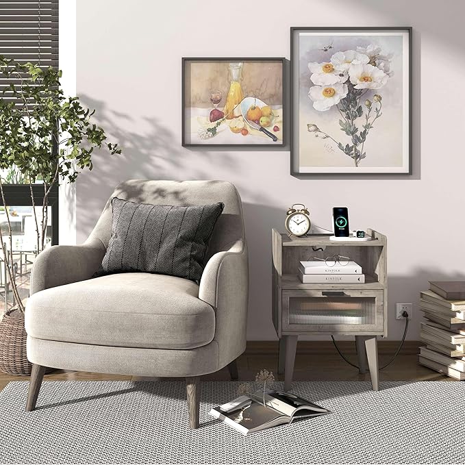 Nightstand with Charging Station, Bedside Tables Oak Grey End Table Side Table with 2 Tiers Storage Space, for Bedroom Living Room MLBZ07GE