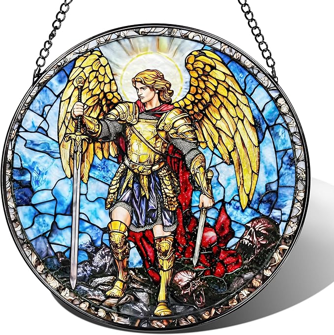 Stained Glass Suncatcher, Archangel Michael Sun Catcher Ornament; Stained Glass Window Hanging, Warrior Angel Window Decor; Christmas Home Decor, Christian Gifts, Religious Gifts