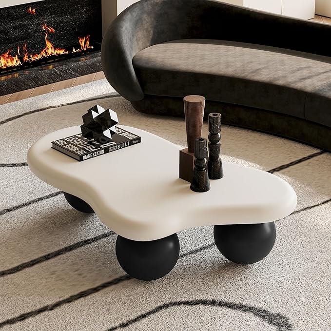 40" Cloud Coffee Table for Living Room Irregular Coffee Table Modern Low Coffee Tables Cute Small Center Table with 3 Ball Legs for Small Space Apartment White & Black