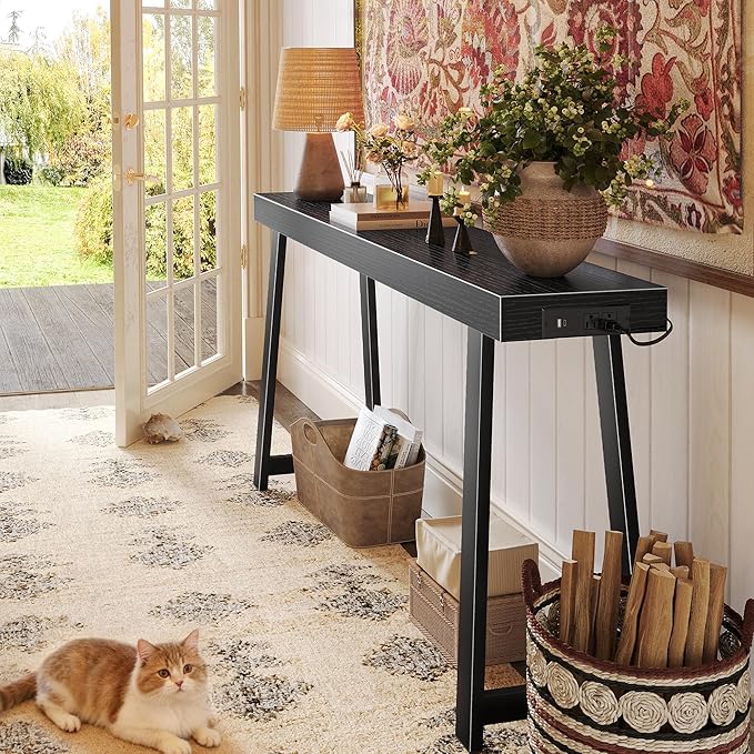 Huuger Entryway Console Table with Charging Station, USB-C Port, 53.9 Inch Sofa Table with Metal Legs, Entry Hallway Table with Deeper Desktop, Modern Behind Couch Table, Black