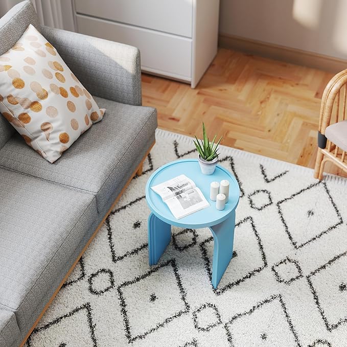 17.7”Wide Modern Side Table, Blue Wooden End Table, Round Accent Table for Small Spaces, Bedside, Couch Side, Narrow Nightstand for Living Room