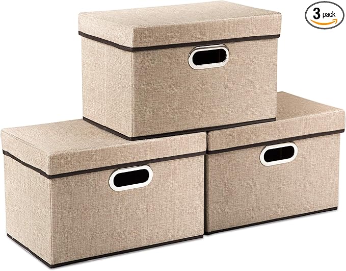 PRANDOM Collapsible Storage Cubes with Lids [3-Pack] Jute Fabric Foldable Storage Boxes Organizer Containers Baskets Bins with Cover for Home Bedroom Closet Office Nursery (14.9x9.8x9.8)