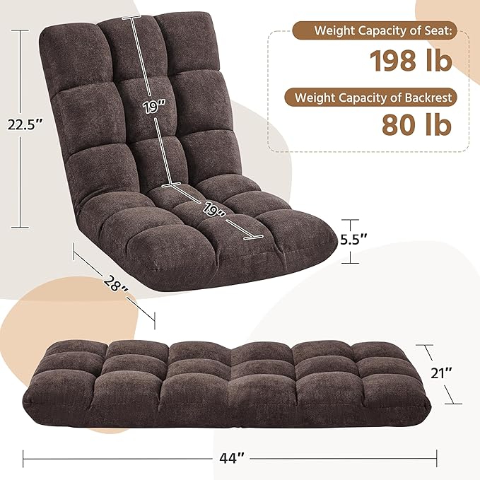 Yaheetech Floor Folding Chair with Back Support, Padded Folding Gaming Sofa Chair with 14 Adjustable Backrest, Adults Couch Recliner, Floor Seating Lounge Chair, Armless Meditation Chair, Brown, 2PCS