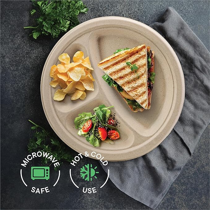 100% Compostable, 3 Compartment, Disposable Paper Plates [125-Pack] - {PFAS Free} - {BPA Certified} - [9 Inch] Heavy Duty Biodegradable Bagasse Sectional Lunch Trays + Dividers - Divided Platte Tray