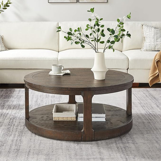 40'' Brown Round Coffee Table, Round End Table 2 Tier Wood Coffee Table Round Circle Coffee Table for Living Room, Traditional Retro Farmhouse Style Rounded Wooden Table for Office(ø40'' x 17.52'')