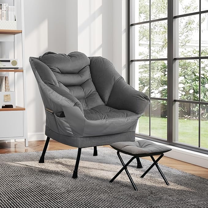 HOMCOM Modern Lazy Chair with Ottoman, Fabric Lounge Accent Chair, Leisure Sofa Armchair with Armrests, Side Pockets, Upholstered Reading Chair and Footstool Set for Living Room, Bedroom, Gray