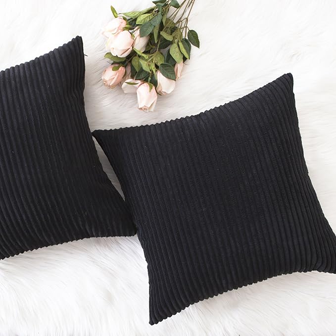 Home Brilliant Striped Velvet Cushion Cover for Chair 2 Packs Supersoft Handmade Fall Decorative Pillowcase for Bed Bench, 50cm, 20 x 20 Inch, Black