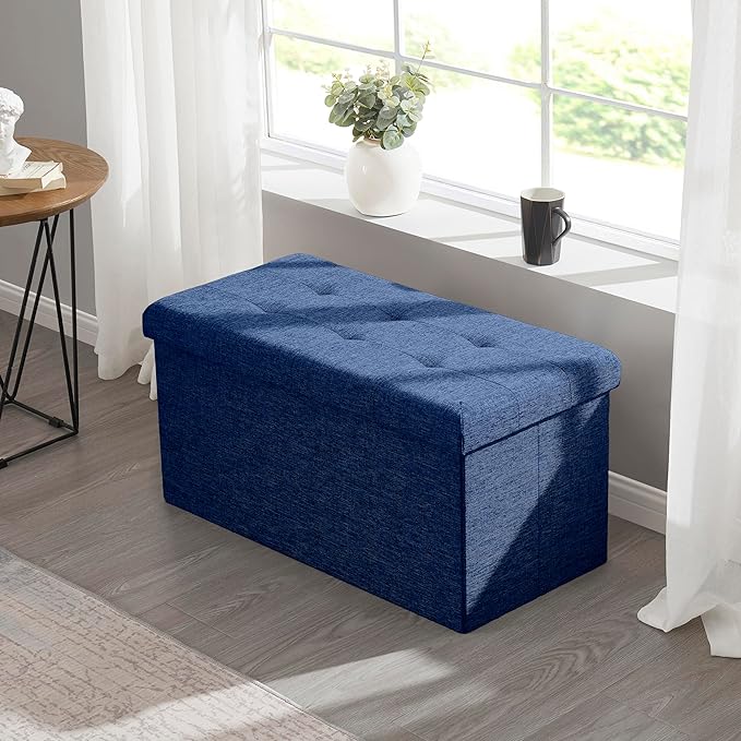 Ornavo Home Foldable Tufted Linen Large Storage Ottoman Bench Foot Rest Stool/Seat - 15" x 30" x 15" (Navy)