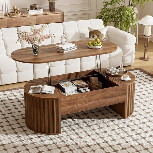 47.2" Lift Top Fluted Coffee Table with Hidden Compartment, Modern Oval Wooden Center Table Cocktail Tea Table with Curved Safety Corners and Adjustable Height for Living Room, Brown