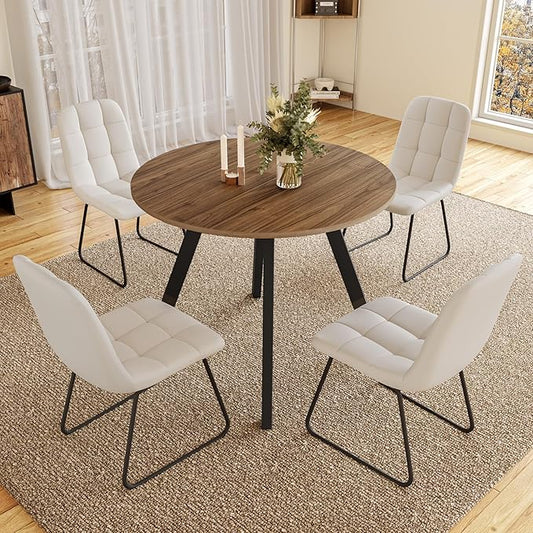 34.6'' Round Dining Table and Chairs for 4 Space Saving for Apartment Kitchen Dining Room (Walnut Table+4 U-Shaped White Chairs)