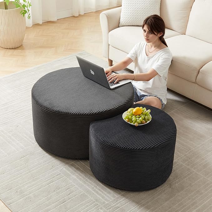 WILLIAMSPACE 50" Foam Nesting Coffee Table Set of 2, Modern Upholstered Round Center Tables for Living Room, Accent Side Tea Table Ottoman, No Assembly - Black