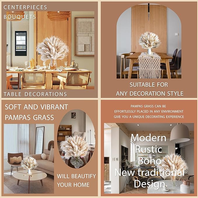 150pcs Pampas Grass + 1 White Ceramic vase + 1 Wood Bead Garland , Boho Home Decor Bouquet Phragmites Dried Flowers Bouquet for Wedding Floral Arrangements Home Decorations