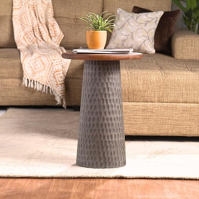 Mid-Century Farmhouse Design Hand-Carved Pedestial Solid Mango Wood Accent Drink Table, Small Round Side Table with Round Natural Top for Living Room, Bedroom or Entryway, Gray, Assembled