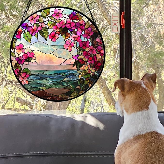 Stained Glass Window Hanging, Purple Flower Landscape Wreath Sun Catcher for Door Home Decor Plants Suncatcher Christmas Mother's Day Birthday Gifts for Women Men Mom Nana 9.8 in