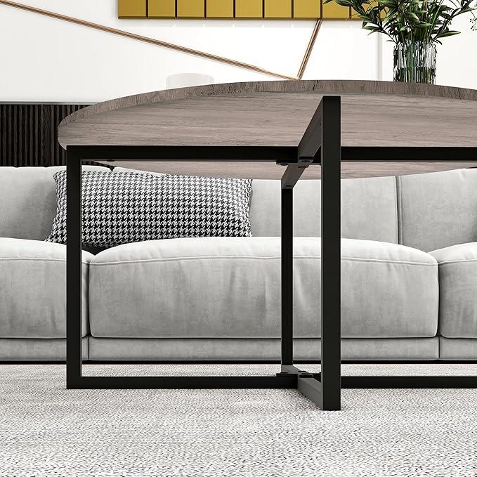 HOMERECOMMEND Round Coffee Table Nesting Tables for Living Room Tea Desk with Black Metal Legs Tea Table Balcony End Sofa Table Study,Black+Grey
