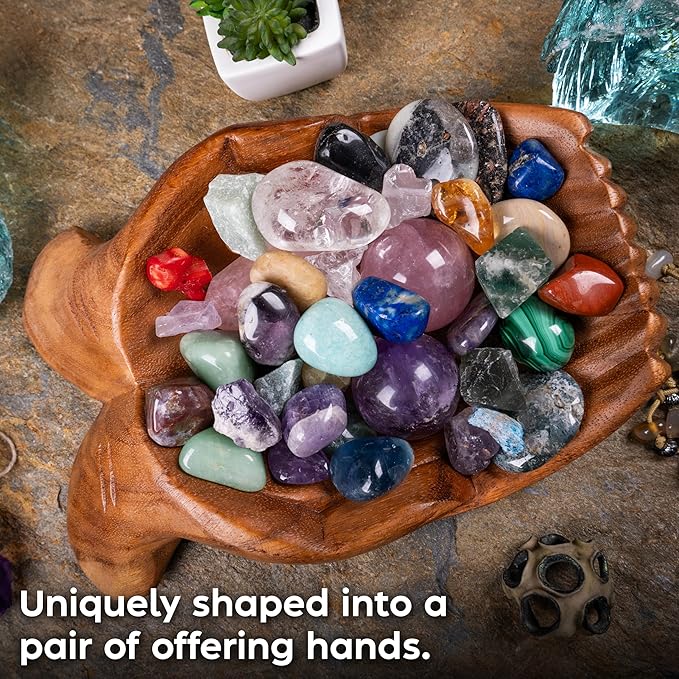 Curawood Carved Hands Offering Bowl - Crystal Holder for Stones, Rock Collection Holder, Crystal Display Storage Tray, Wooden Hands Bowl for Keys - Rock Display Case for Shelf, Stand, Altar Decor (L)