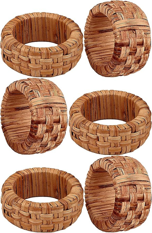 Nautical Coastal Rattan Napkin Rings - Set of 6 Natural Beach, Party & Dining Table Decor, Handcrafted Rustic Napkin Holders, Home & Kitchen Accessory (Brown) - ALPHA Living HOME