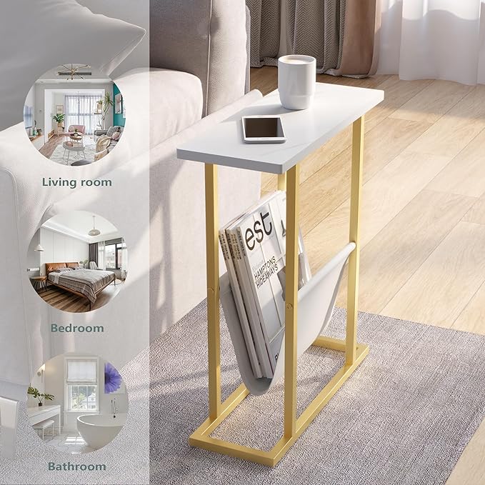 Yusong Small Narrow Side Table for Small Spaces, 17.7" W Slim End Table Magazine Table Nighstand with Storage Holder, Accent Skinny Snack Couch Bedside Table, Gold White, Complete Iron Pipes