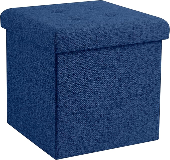Ornavo Home Foldable Tufted Linen Storage Ottoman Square Cube Foot Rest Stool/Seat - 15" x 15" x 15" (Navy)