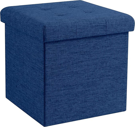 Ornavo Home Foldable Tufted Linen Storage Ottoman Square Cube Foot Rest Stool/Seat - 15" x 15" x 15" (Navy)