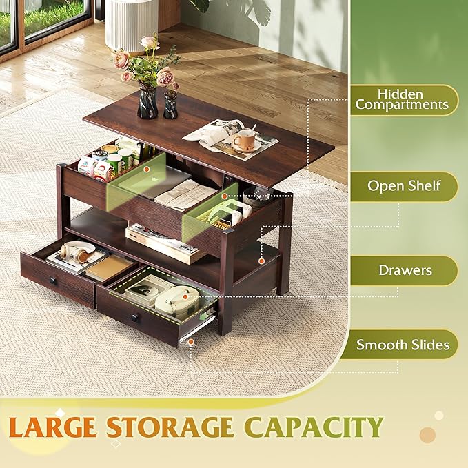 WLIVE Coffee Table, Lift Top Coffee Table with 2 Drawers, Large Hidden Hidden Compartment and Open Shelf, Lift Tabletop, Dining Table for Living Room, Espresso