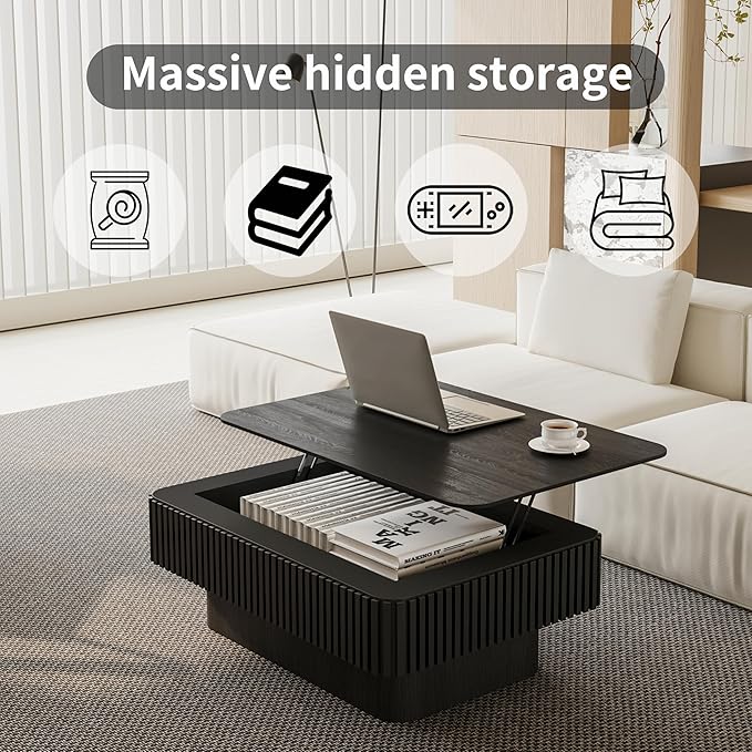 38.6'' Lift Top Fluted Coffee Table with Hidden Compartment, Modern Rectangular Wooden Center Table Cocktail Tea Table with Storage and Adjustable Height for Living Room Apartment, Black