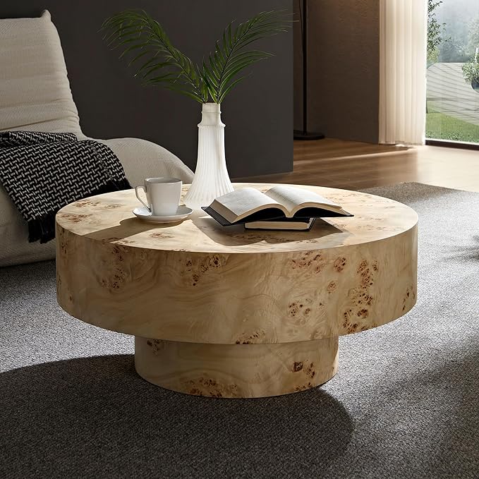 Round Wood Coffee Table with Burl Wood Veneer and Sturdy Pedestal for Living Room,31.49" Mid Century Modern Side End Table Accent Center Table for Apartment,Easy to Assembly