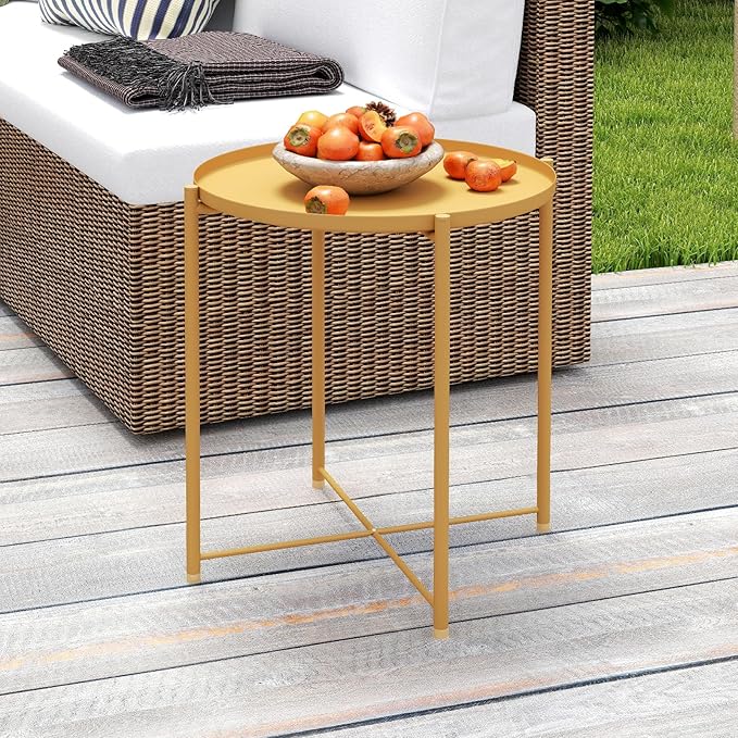 HollyHOME Round Metal Side Table, Outdoor Small Folding Accent Stand with Removable Tray, 17.72'' Portable End Table for Balconies, Gardens, Living Rooms and Bedrooms, Yellow