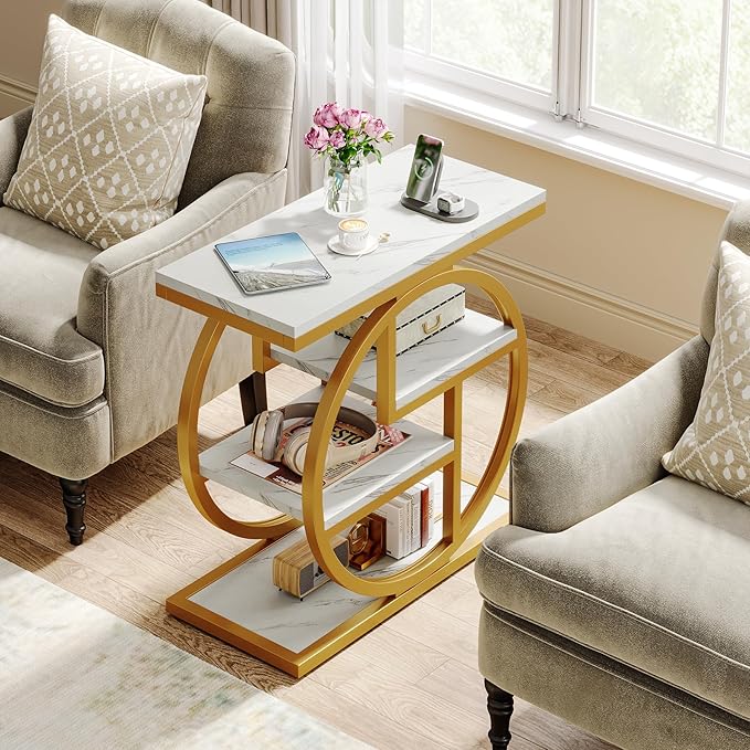 Tribesigns End Table for Living Room, Modern Faux Marble Narrow Side Table with Storage Shelves, 4-Tier Bedside Table for Bedroom, Small Sofa Side Table with Geometric Metal Frame (1 PC, White & Gold)