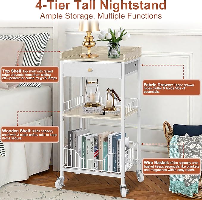 Small Side Table Stand with Storage Drawer, 4-Tier Narrow End Tables for Small Spaces, Skinny Nightstand for Living Room, Bedroom, Vanity Room, Office and Dorm Room, White&Natural