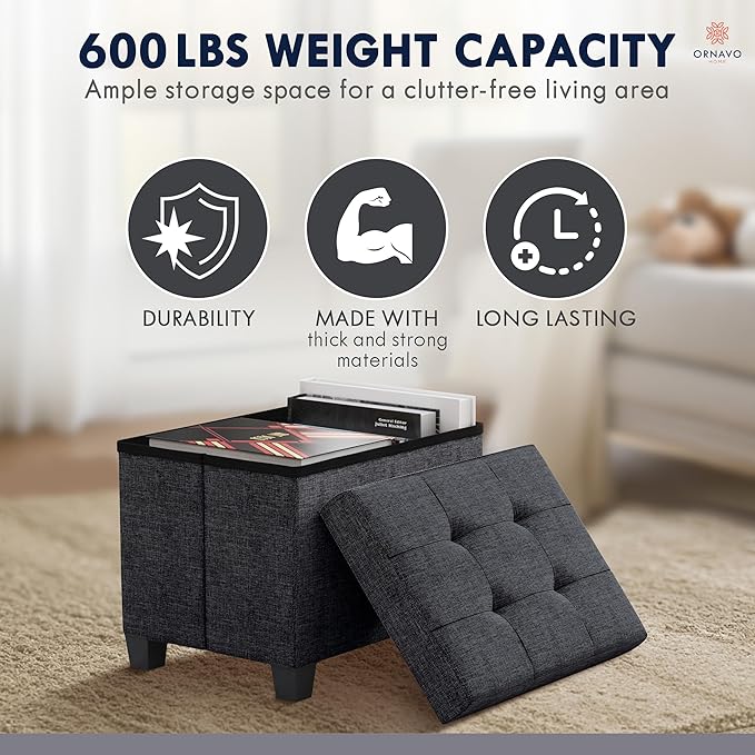 Ornavo Home Storage Ottoman Small Rectangle Ottoman with Legs, Foot Rest Stool Seat, Load up to 600 LB, for Living Room, Bedroom, Home Office, Dorm - 12 x 16 x 12, Black