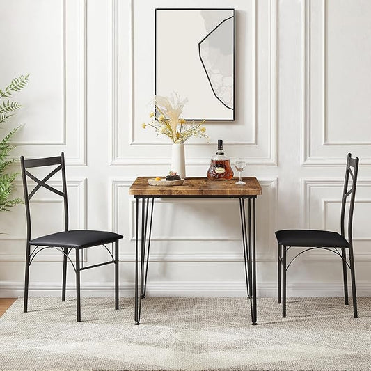 VECELO 3-Piece Dining Table Set for Home Kitchen Small Space Breakfast Nook, 2 Faux Leather Metal Frame Chairs, Classic Brown,Set for 2