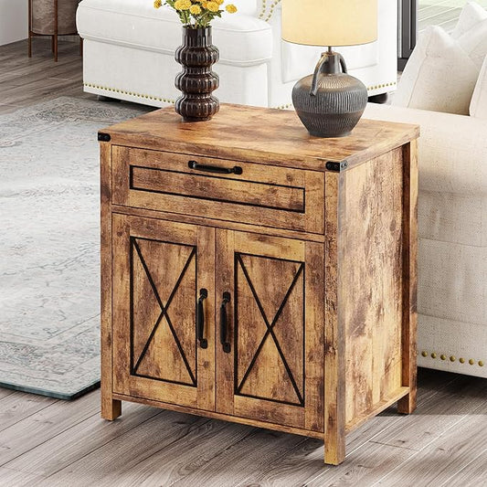 Maupvit End Table, Farmhouse End Table Narrow Side Table for Living Room, Sofa Side Table with Drawer and Storage Cabinet, Small Nightstand for Bedroom (Retro-Fire 2)