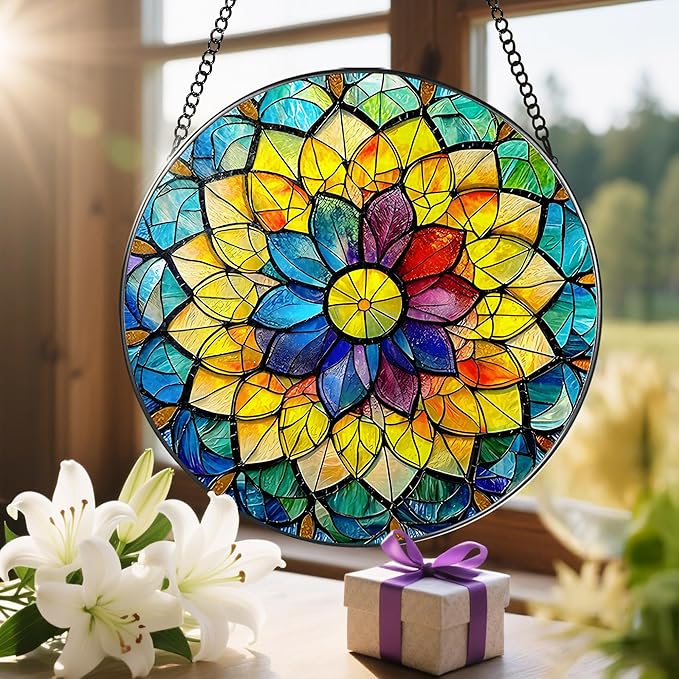 8'' Rainbow Mandala Sun Catcher Ornament, Stained Glass Window Hanging, Sun Catchers for Windows Hanging Ornaments, Window Decor, Ideal Gift | Colorful Spiritual Gifts for Her