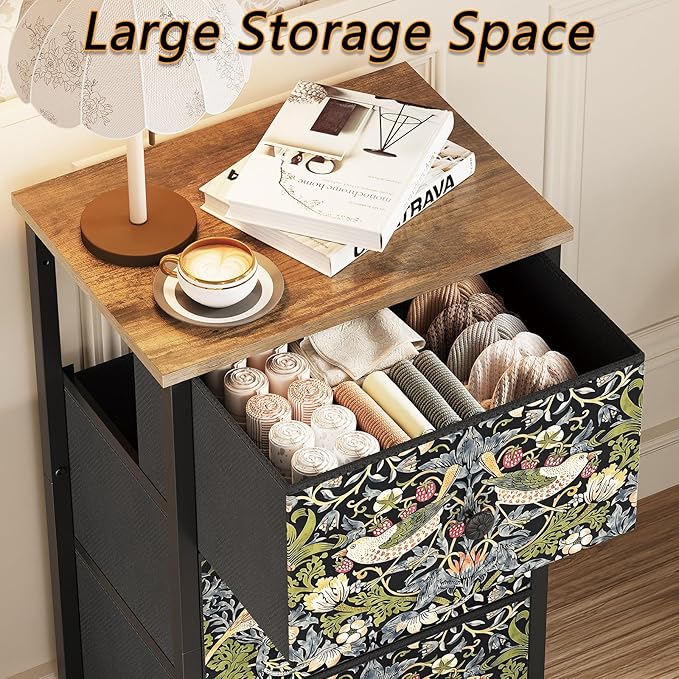 Dresser with 3 Drawers Strawberry Thief Drawer Dresser for Bedroom Vintage Nightstand Small Dressers & Chests of Drawer for Halfway Entryway Living Room Sturdy Steel Frame Wood Top, Brown