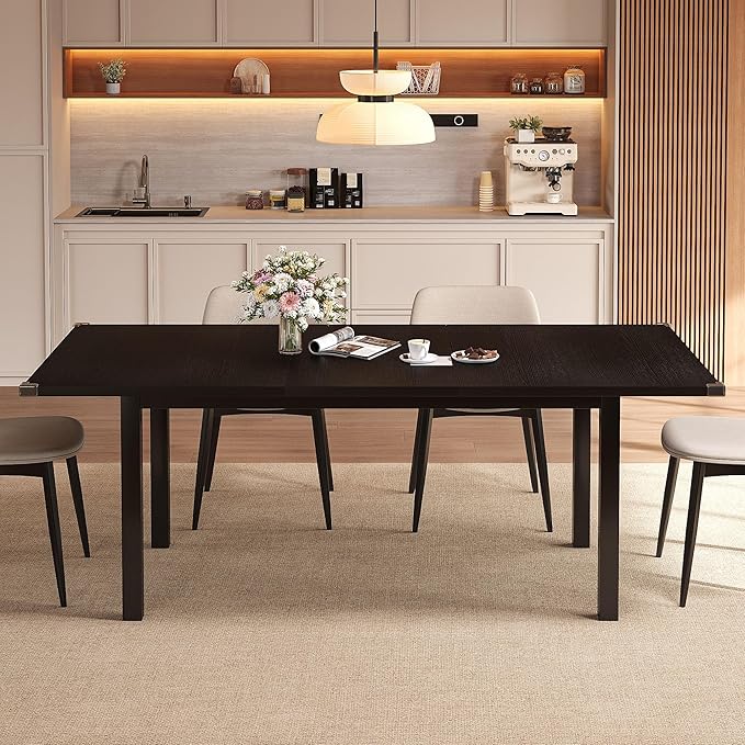 Modern Extendable Dining Table for 4-6, 63" Farmhouse Kitchen Table, Rectangular Dining Room Tables for Dining, Kitchen, Office, Living Room, Wooden Tables, Space Saving (Black)