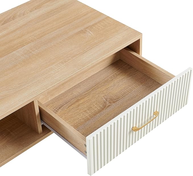 IANIYA Boho Coffee Table with Storage, Dining Table with Rattan Drawer and Solid Wood Legs, Small Center Tables for Living Room Small Space (Natural/White)