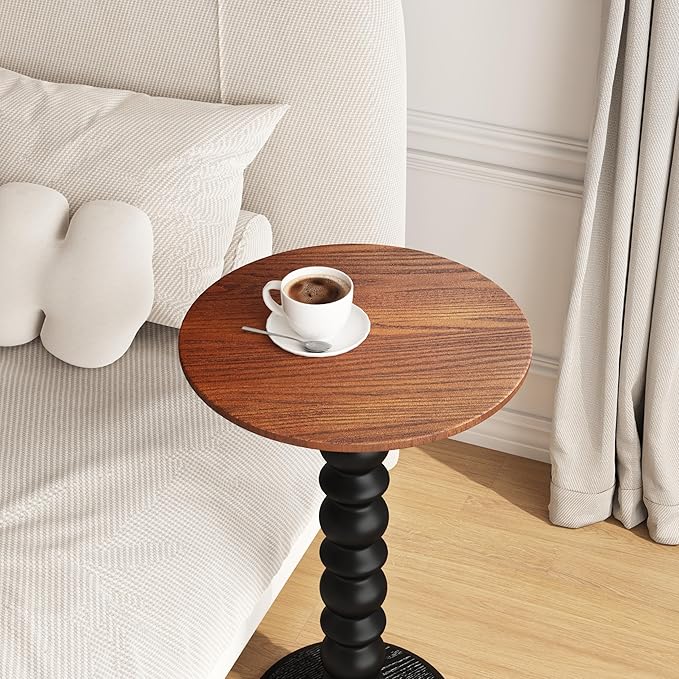 Solid Wood Round Side Table, Small Drink Table,Cocktail Table, Wooden Pedestal End Table, Plant Stand for Living Room, Bedroom，Office and Corners(Walnut/Black)