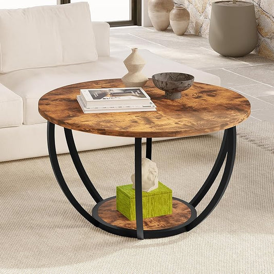 HOMERECOMMEND 28" Round Coffee Table with Storage,2-Tier Wood Accent Center Table for Living Room,Sofa Table for Home Office, Brown