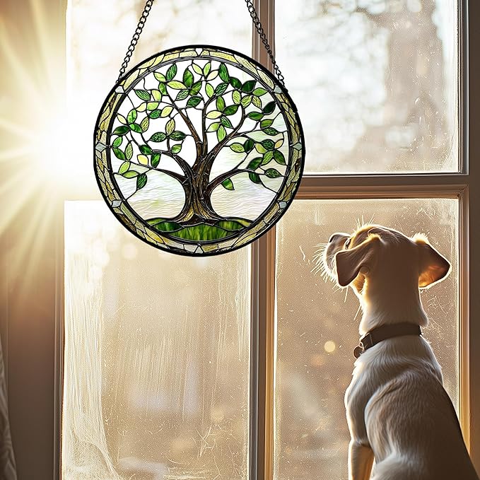 Stained Glass Window Hanging - Brown Tree Trunk Green Leaves Sun Catcher for Door Garden Home Decor Plant Suncatcher Christmas Mother's Day Birthday Gifts for Women Men Mom Nana 9.8 in