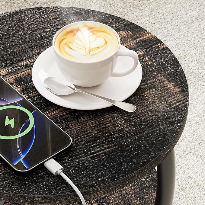 Round Side Table with Power Outlet & USB Ports, 3-Tier End Table with Storage Shelf, Modern Rustic Nightstand, Small Spaces Accent Table for Living Room Bedroom, Easy Assembly, Oak Dark