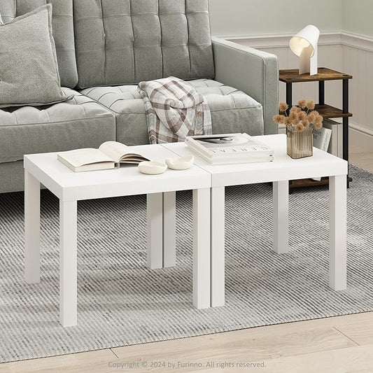 Furinno Classic Coffee Table Set of 2, Square Modern Coffee Table with 1.8" Thick Tabletop, Side Table with 4 Legs, for Living Room, Bedroom, Home Office, White