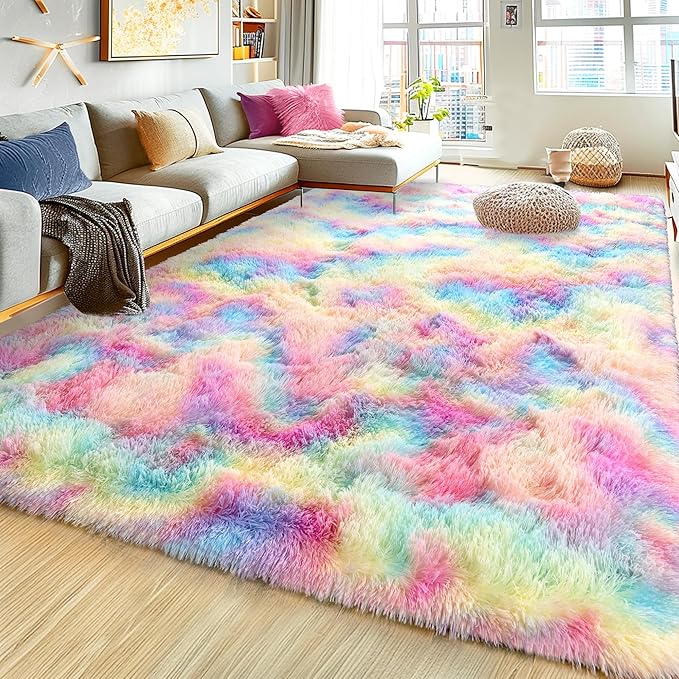 Ultra Fluffy Rug for Living Room Bedroom, 5x7 Fuzzy Large Area Rug for Living Room, Plush Soft Shag Carpet for Girl Boy Kids, Non Slip Rug Modern Indoor Home Decor Aesthetic, Rainbow