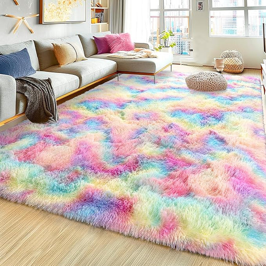 Ultra Fluffy Rug for Living Room Bedroom, 5x7 Fuzzy Large Area Rug for Living Room, Plush Soft Shag Carpet for Girl Boy Kids, Non Slip Rug Modern Indoor Home Decor Aesthetic, Rainbow