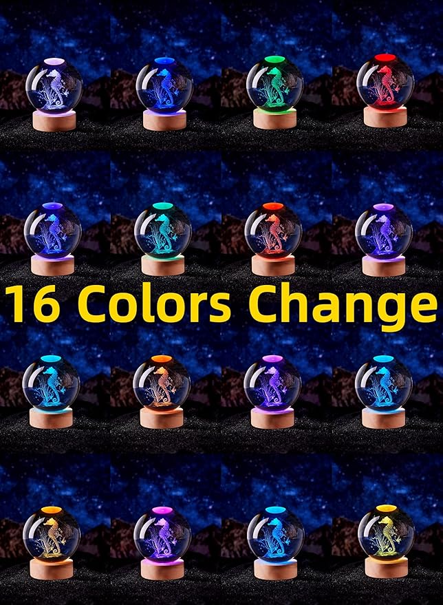 Sea Horse Crystal Ball Lamp with LED Wooden Base, 16 Colors Change & Remote Control Seahorse Crystal Ball Night Light, Upgraded 3.15 Inch Glass Light, Gift for Kids Wife Girlfriend (sea horse)