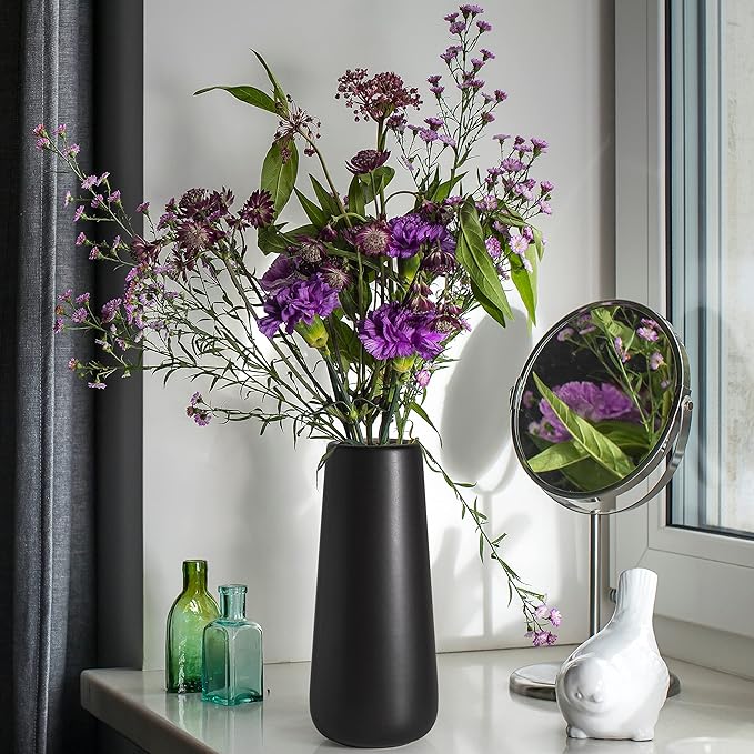 D'vine Dev 11 Inch Ceramic Flower Vase Matte Finishing, Minimalist Design for Home Décor, Bedroom, Living Room, Centerpieces, Office, Ebony Black, VS-XH-E-2