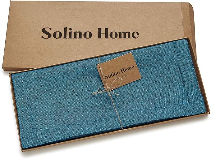 Solino Home Linen Table Runner 36 Inches - 100% Pure Linen Chambray Teal Table Runner 14 x 36 Inch Ideal for Dresser and Coffee Tables - Athena - Christmas, Thanksgiving