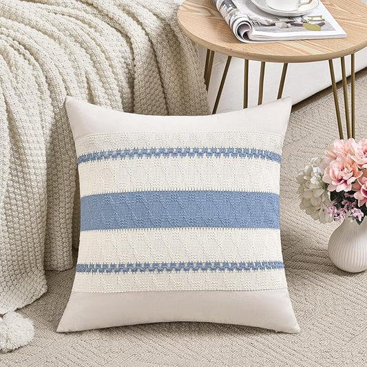 Fancy Homi Set of 2 Boho Light Blue Decorative Throw Pillow Cover 18x18 Inch for Couch Bed Sofa, Aesthetic Modern Organic Farmhouse Home Decor, Soft Cotton Cute Accent Macrame Woven Cushion Case