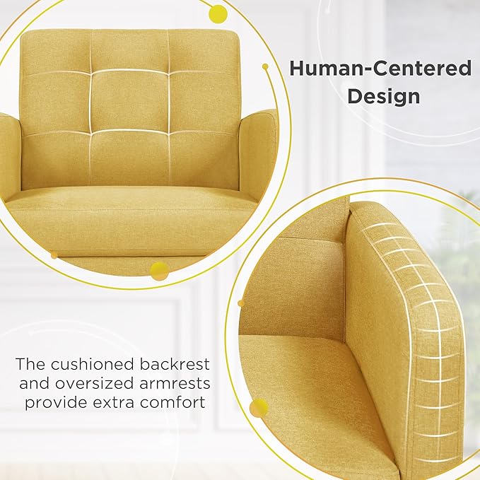 Yaheetech Mid-Century Accent Chairs, Modern Upholstered Living Room Chair, Cozy Armchair Button Tufted Back and Wood Legs for Bedroom/Office/Cafe, Yellow